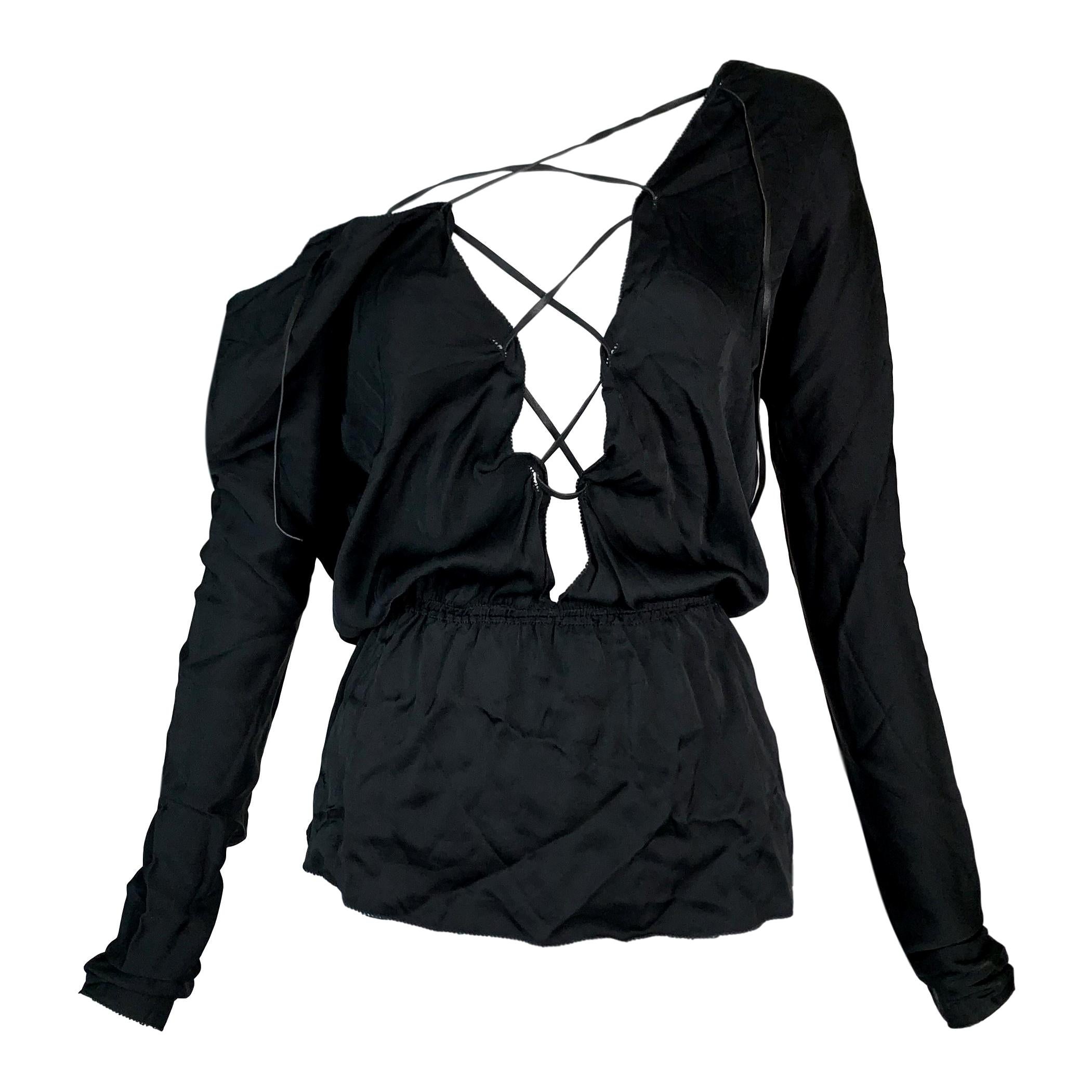 2002 Gucci Tom Ford Black Silk Plunging Lace-Up Backless Top Blouse
