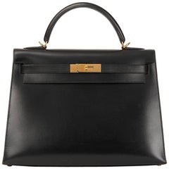2002 Hermes Black Box Calf Leather Kelly 32cm Sellier