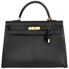 2002 Hermès Black Chevre de Coromandel Leather Kelly 35cm Sellier