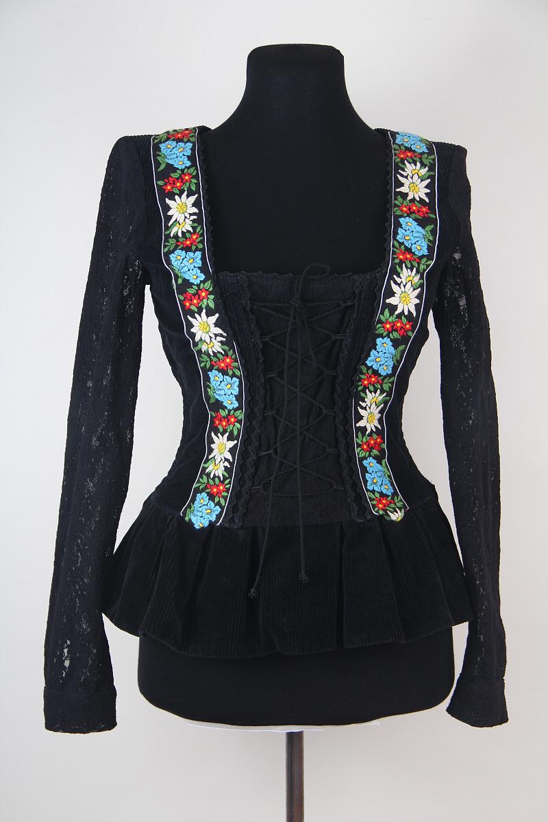 Seltenes und wirklich süßes Dolce & Gabbana D&G F/W 2002 Dirndl-inspiriertes Top. Traditionelles Mieder mit leichten Stäbchen, Schnürung und malerischer Blumenstickerei, aktualisiert mit gestreiften Hemdärmeln. Das Korsett wird außerdem von schönen