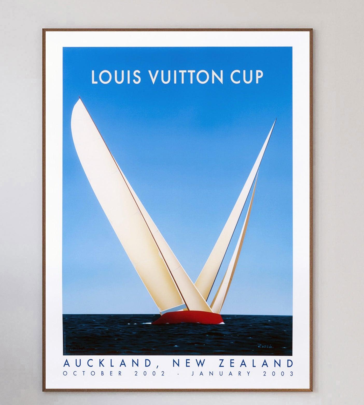 Depicting a gorgeous art deco scene of a sail boat on a blue horizon, this piece was created in 2002 to promote the Louis Vuitton Cup event that year. The Louis Vuitton Cup was a competition where teams would race to determine who would be the