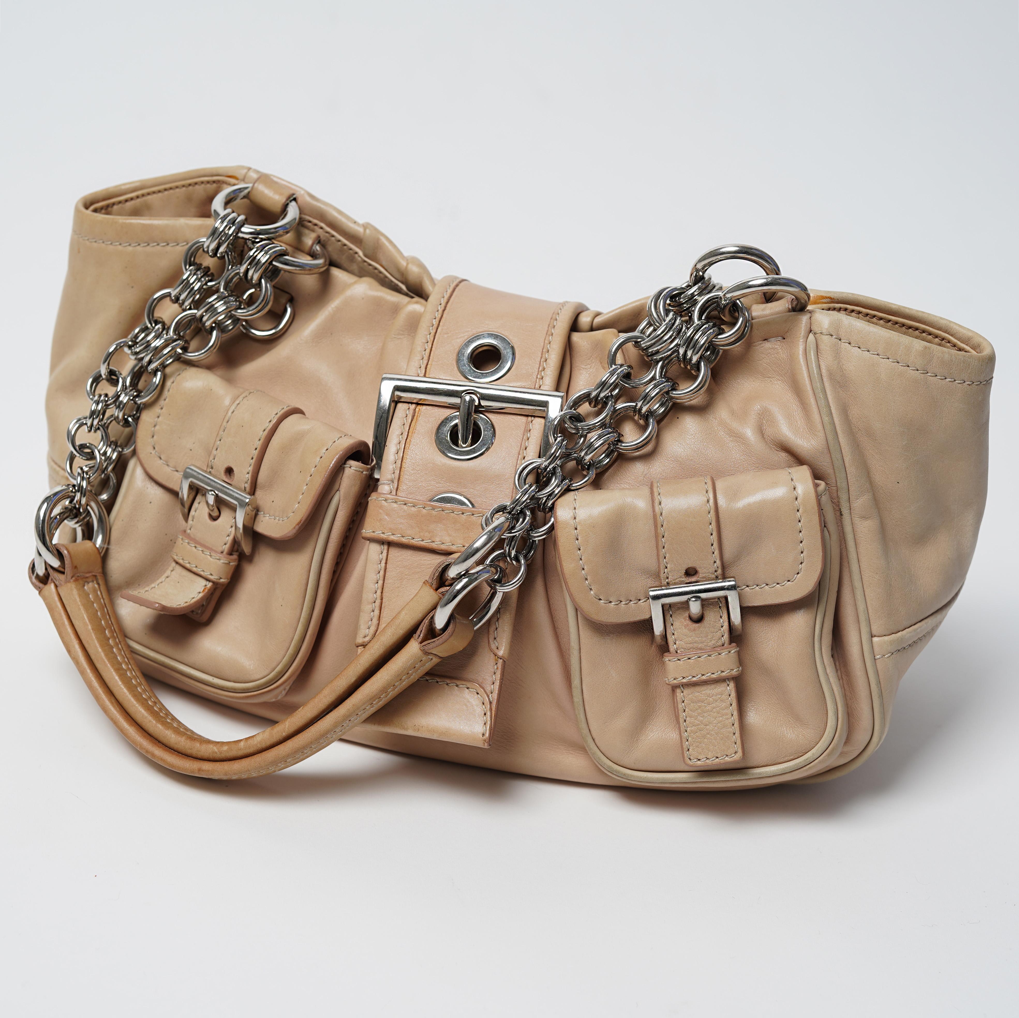 2002 Prada Beige Leather Chain Handle Buckle Moon Bag In Fair Condition For Sale In Berlin, DE