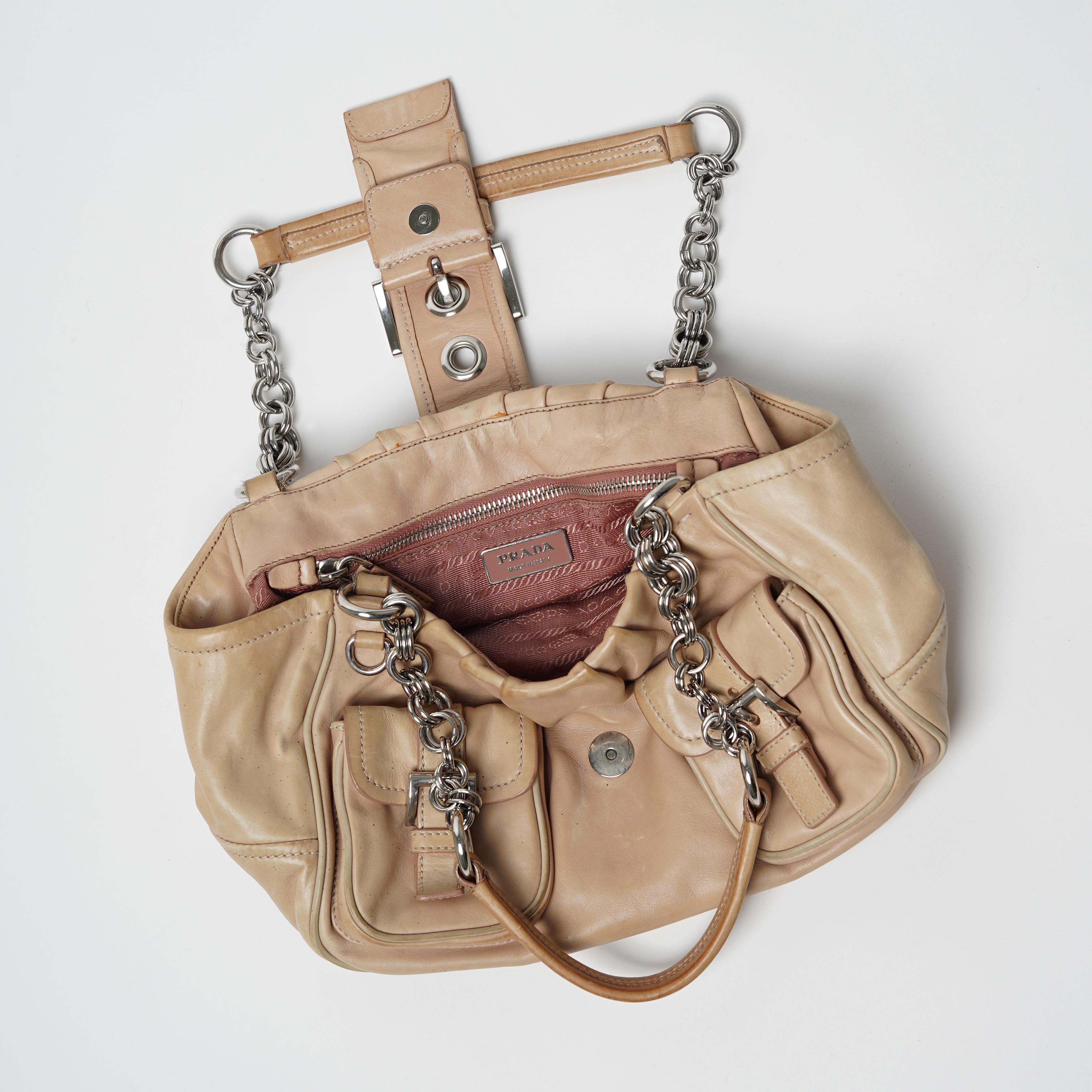 Women's 2002 Prada Beige Leather Chain Handle Buckle Moon Bag For Sale