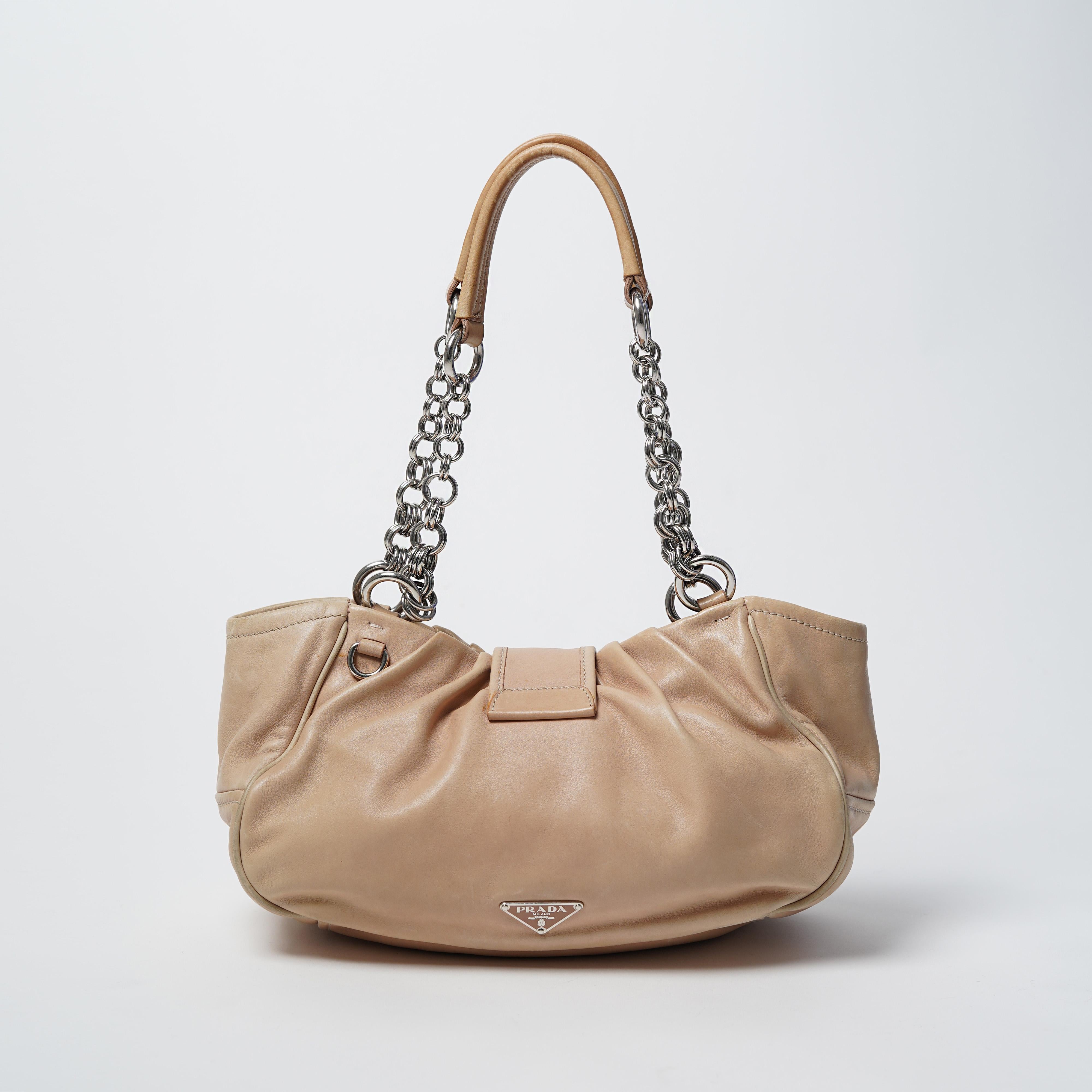 2002 Prada Beige Leather Chain Handle Buckle Moon Bag For Sale 1