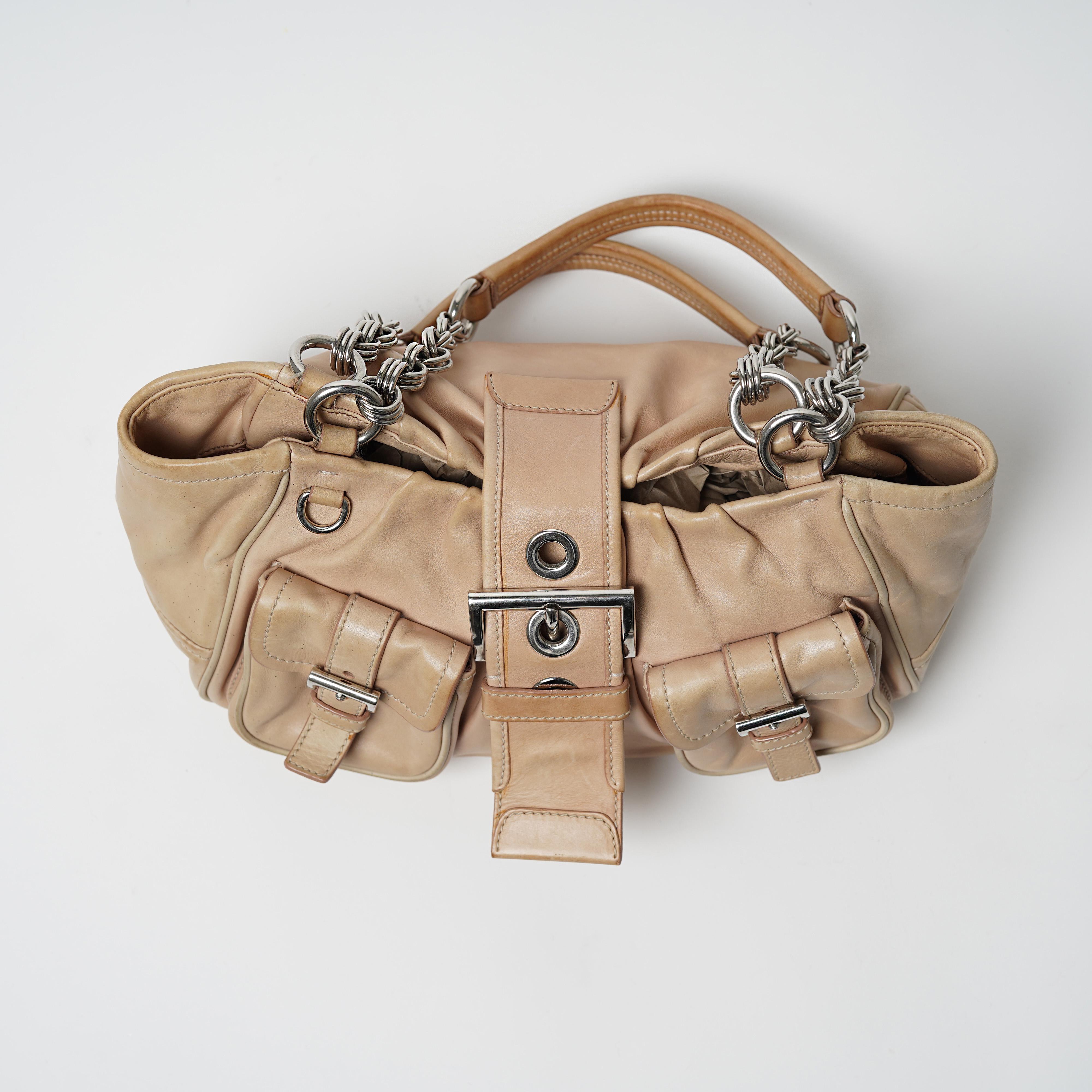 2002 Prada Beige Leather Chain Handle Buckle Moon Bag For Sale 3