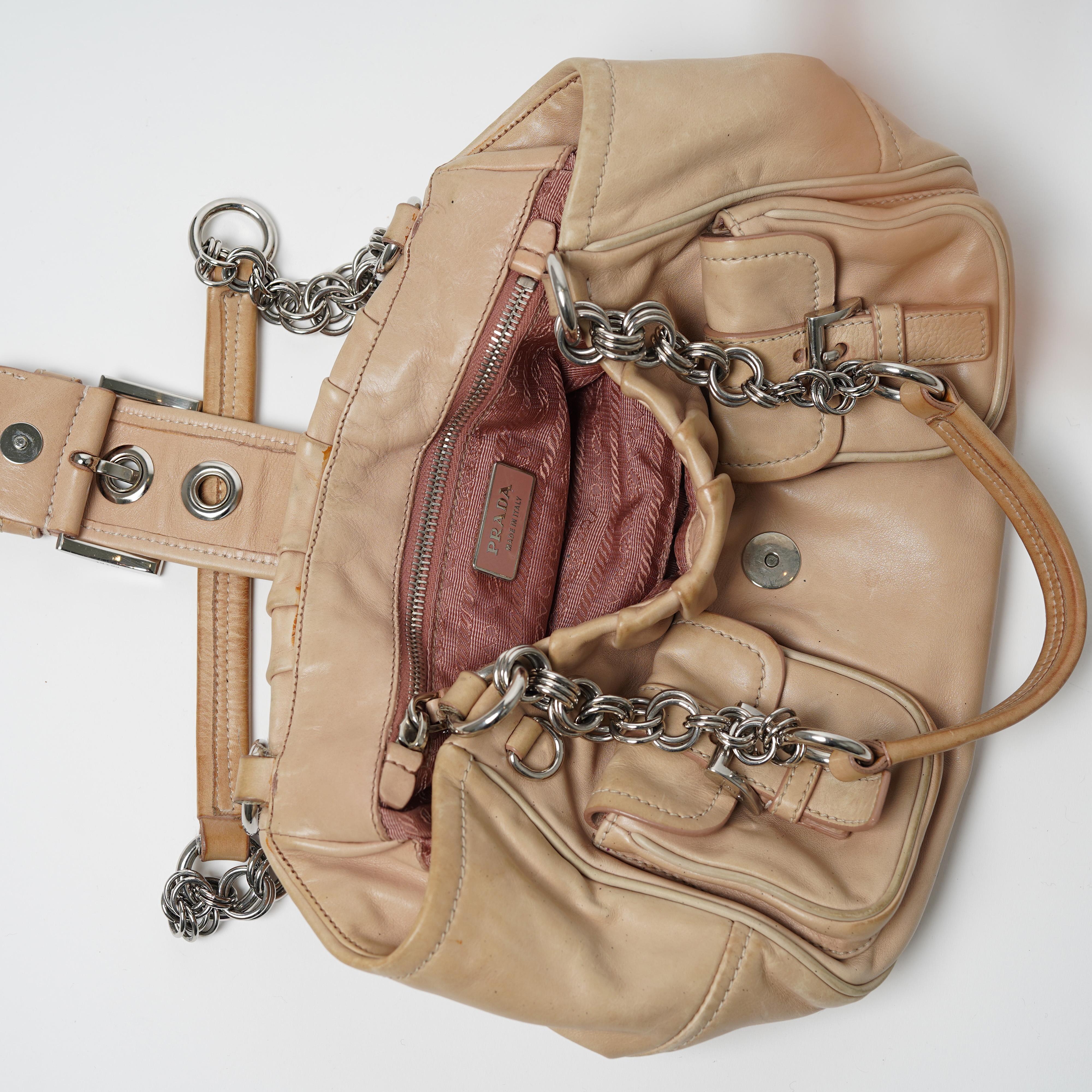 2002 Prada Beige Leather Chain Handle Buckle Moon Bag For Sale 4