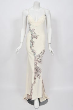 2002 Roberto Cavalli Runway Ivory Jeweled Stretch Silk 'Cindy Crawford' Gown