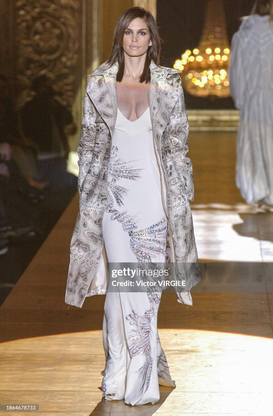 Gray 2002 Roberto Cavalli Runway Ivory Jeweled Stretch Silk 'Cindy Crawford' Gown
