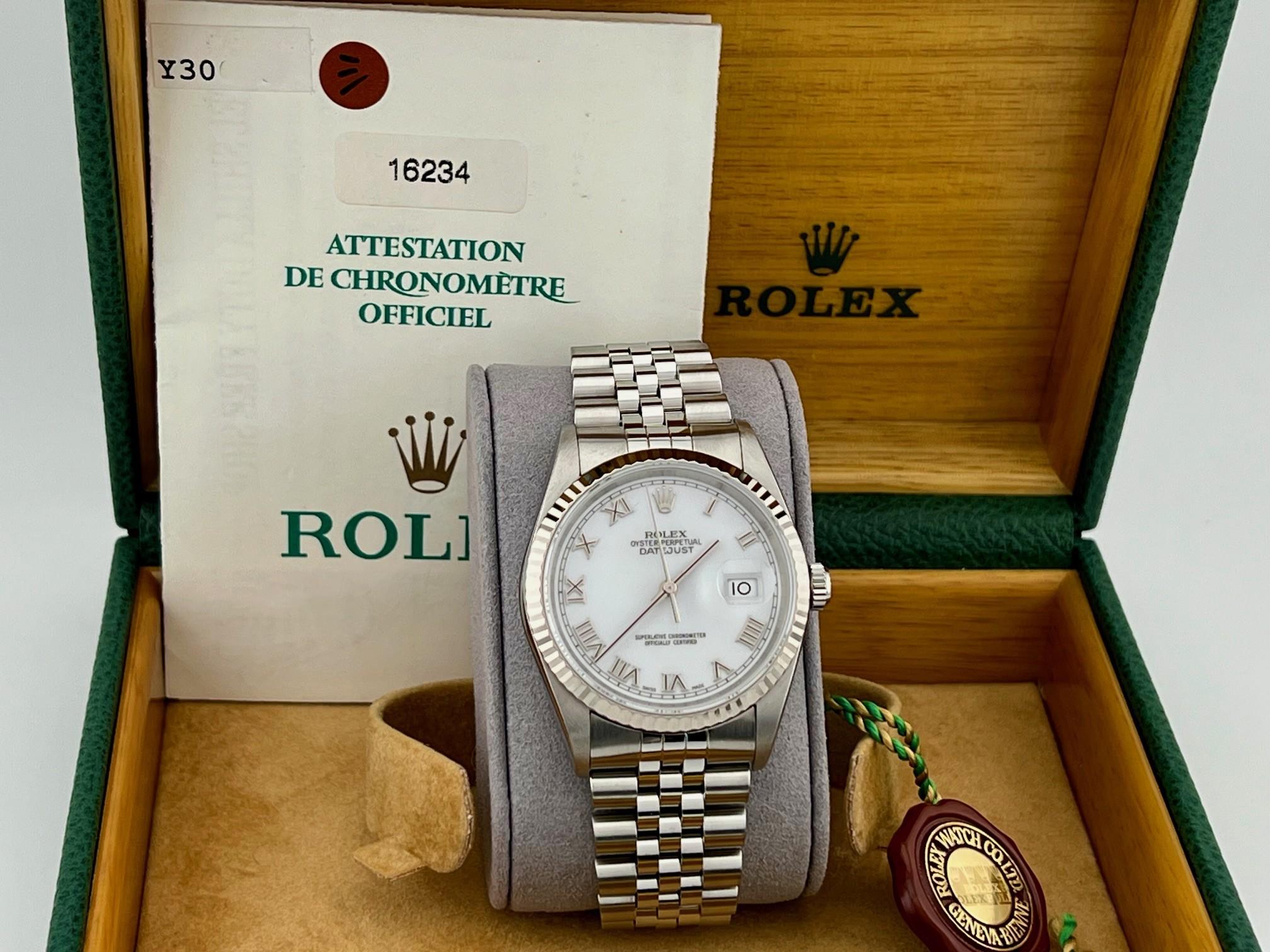 2002 Rolex Datejust 16234 36mm White Roman Dial 18K Gold Steel Box Paper en vente 6