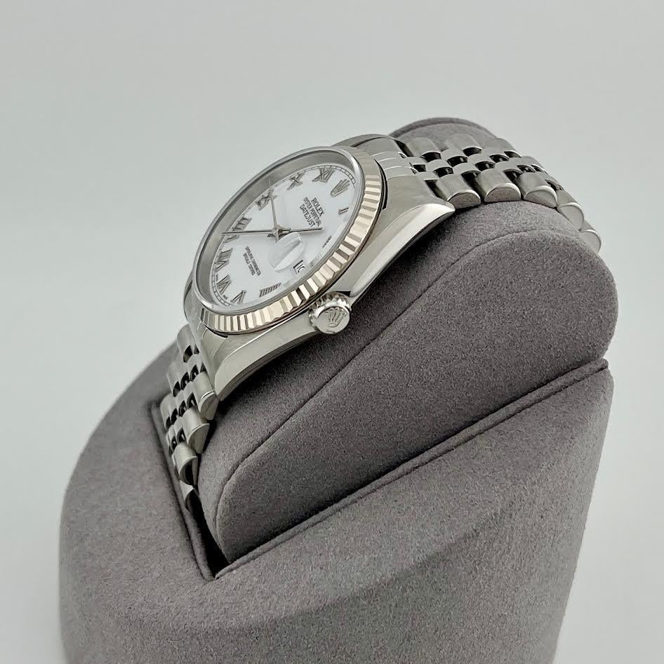 2002 Rolex Datejust 16234 36mm White Roman Dial 18K Gold Steel Box Paper en vente 3