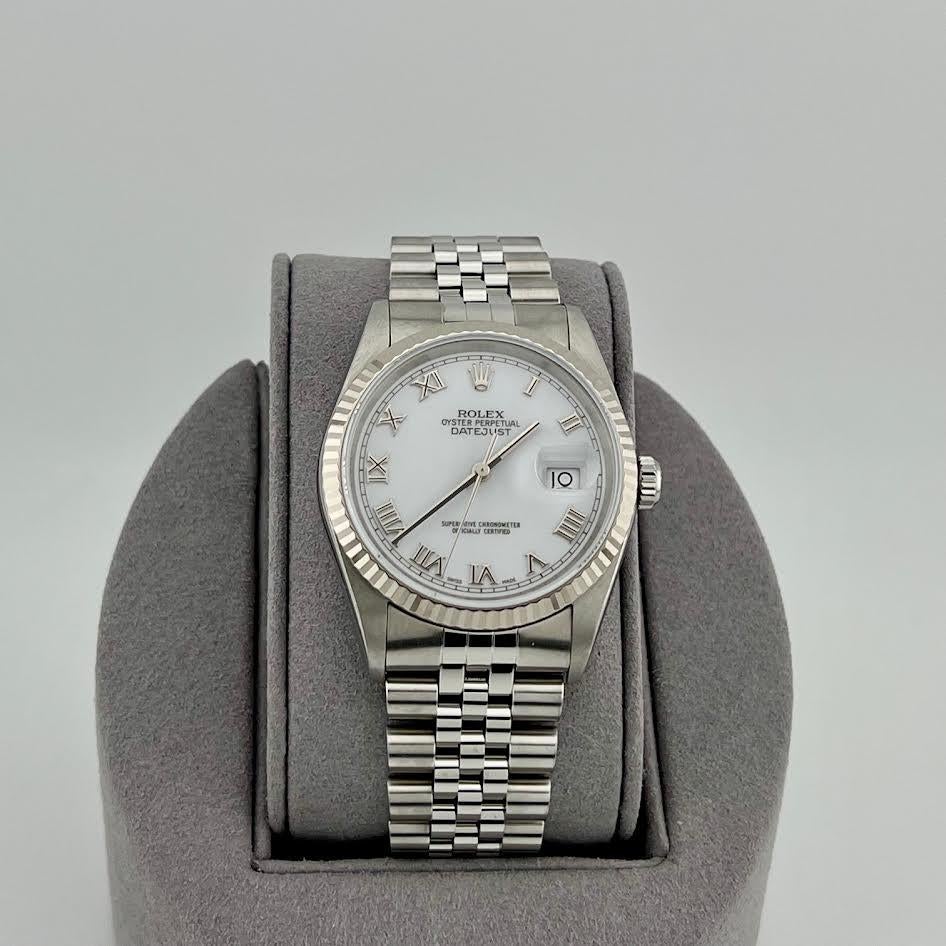 2002 Rolex Datejust 16234 36mm White Roman Dial 18K Gold Steel Box Paper en vente 4
