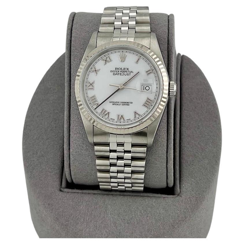 2002 Rolex Datejust 16234 36mm White Roman Dial 18K Gold Steel Box Paper en vente
