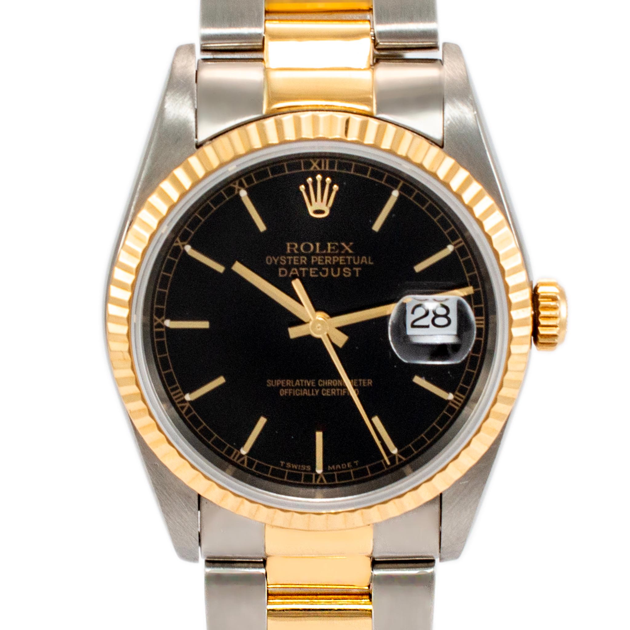 Brand: Rolex

Gender: Unisex

Metal Type: Stainless Steel and 18K Yellow Gold

Diameter: 36.00 mm

Weight: 114.74 grams

One stainless steel and 18K yellow gold diamond ROLEX Swiss-made watch. The metals were tested and determined to be stainless
