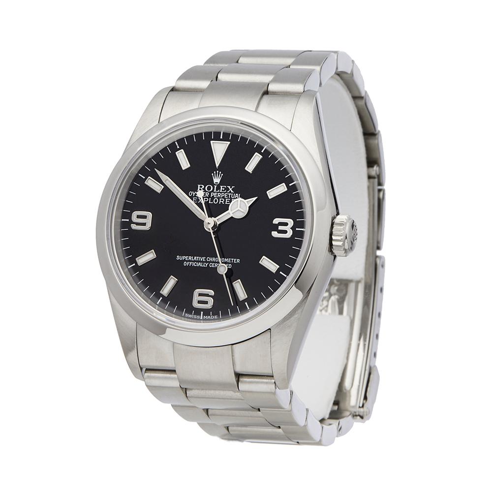 Contemporary 2002 Rolex Explorer I Stainless Steel 114270 Wristwatch
 *
 *Complete with: Box Only dated 2002
 *Case Size: 36mm
 *Strap: Stainless Steel Oyster
 *Age: 2002
 *Strap length: Adjustable up to 18cm. Please note we can order spare links