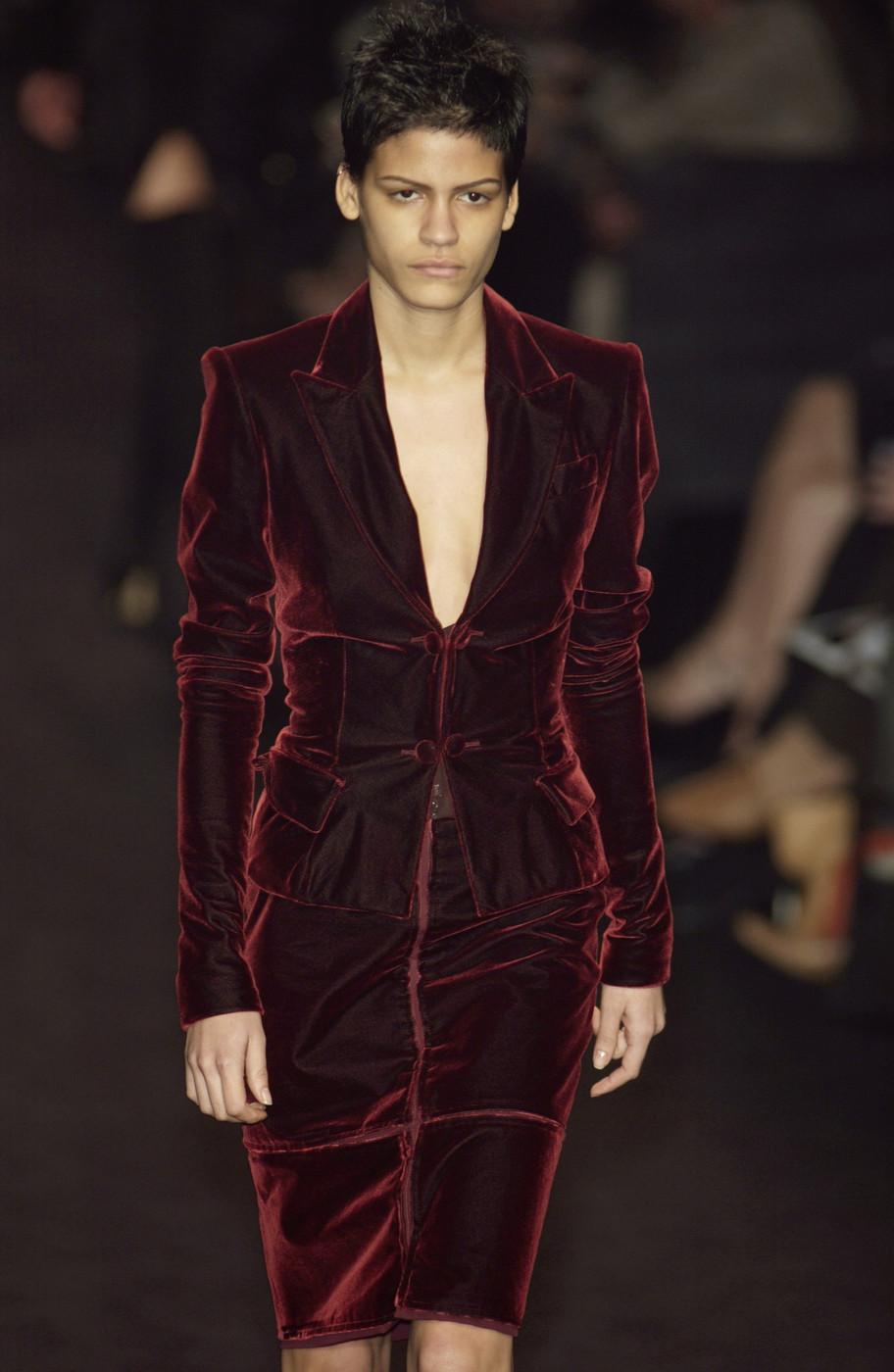 2002 TOM FORD for YVES SAINT LAURENT burgundy velvet runway suit For