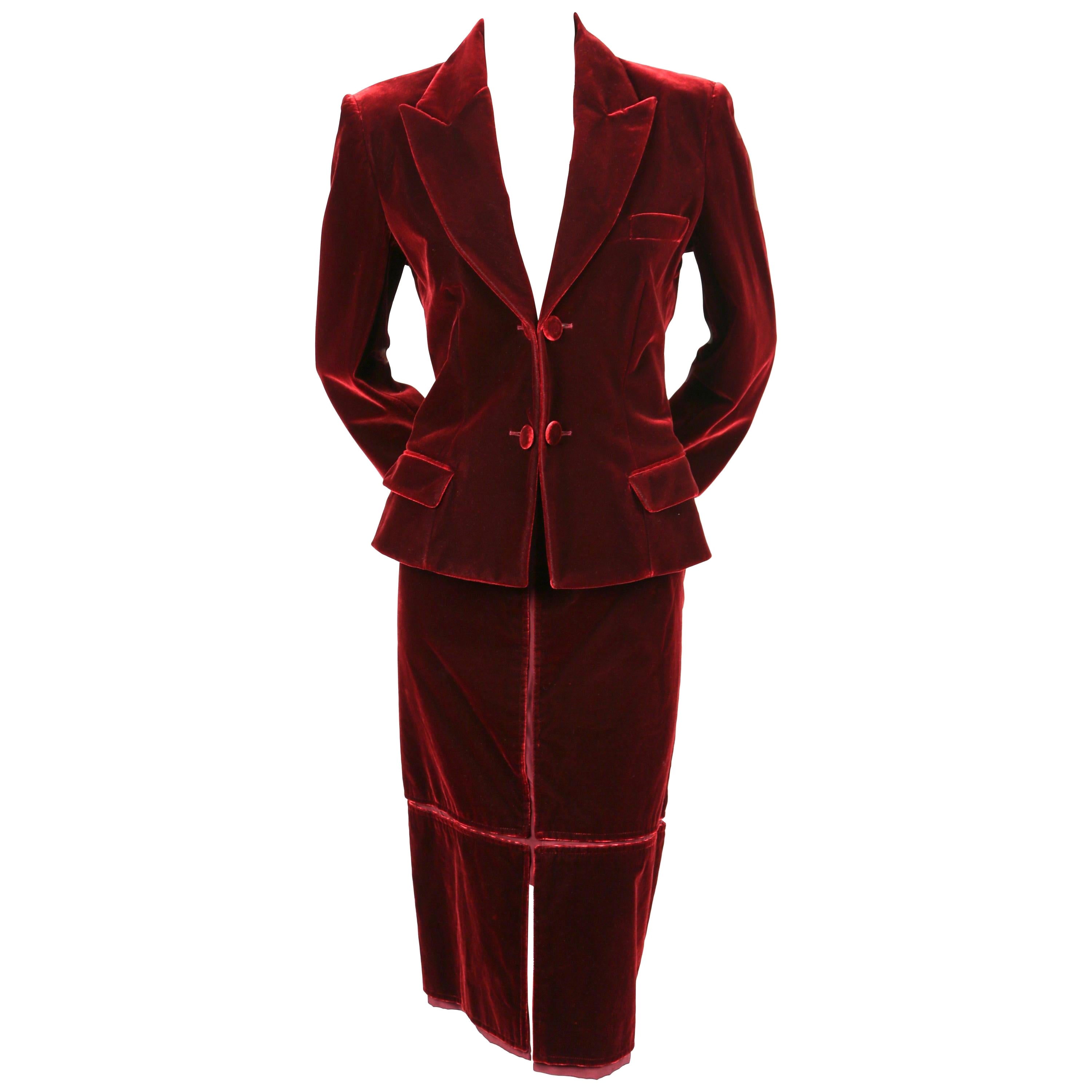 2002 TOM FORD for YVES SAINT LAURENT burgundy velvet runway suit For Sale