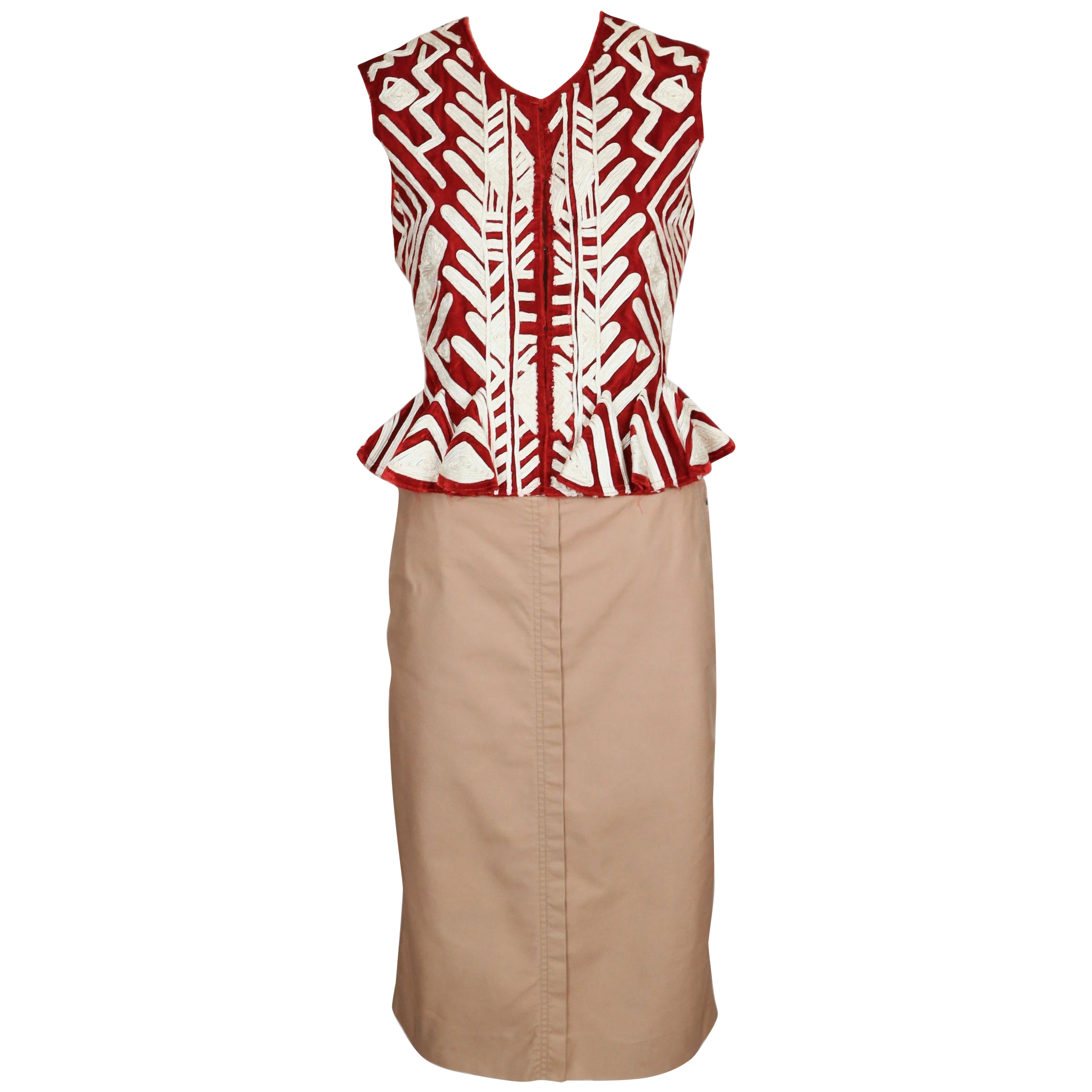 2002 TOM FORD YVES SAINT LAURENT claret embroidered runway jacket and skirt For Sale