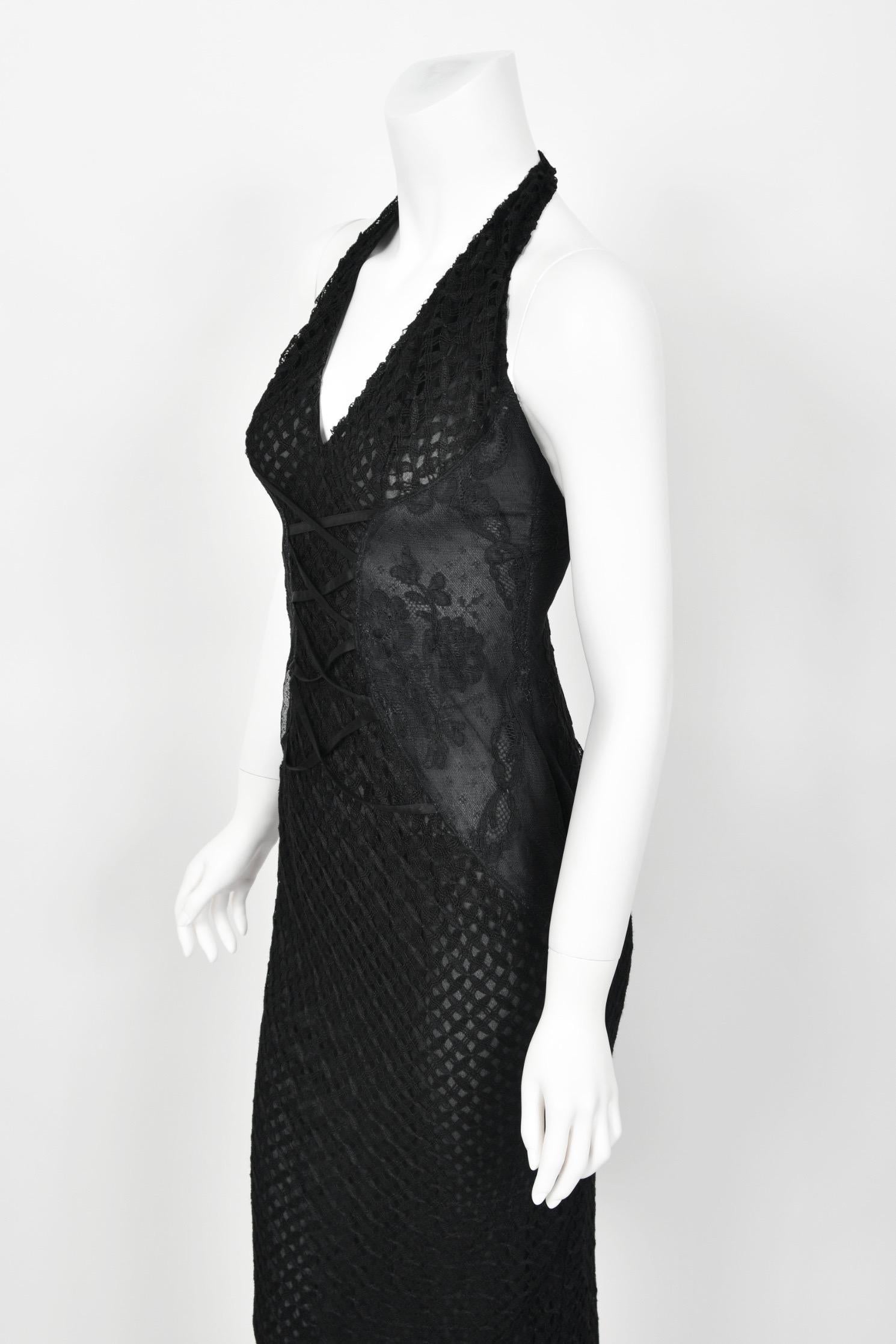 2002 Versace Couture Black Semi-Sheer Lace & Silk Fishnet Halter Hourglass Gown For Sale 6
