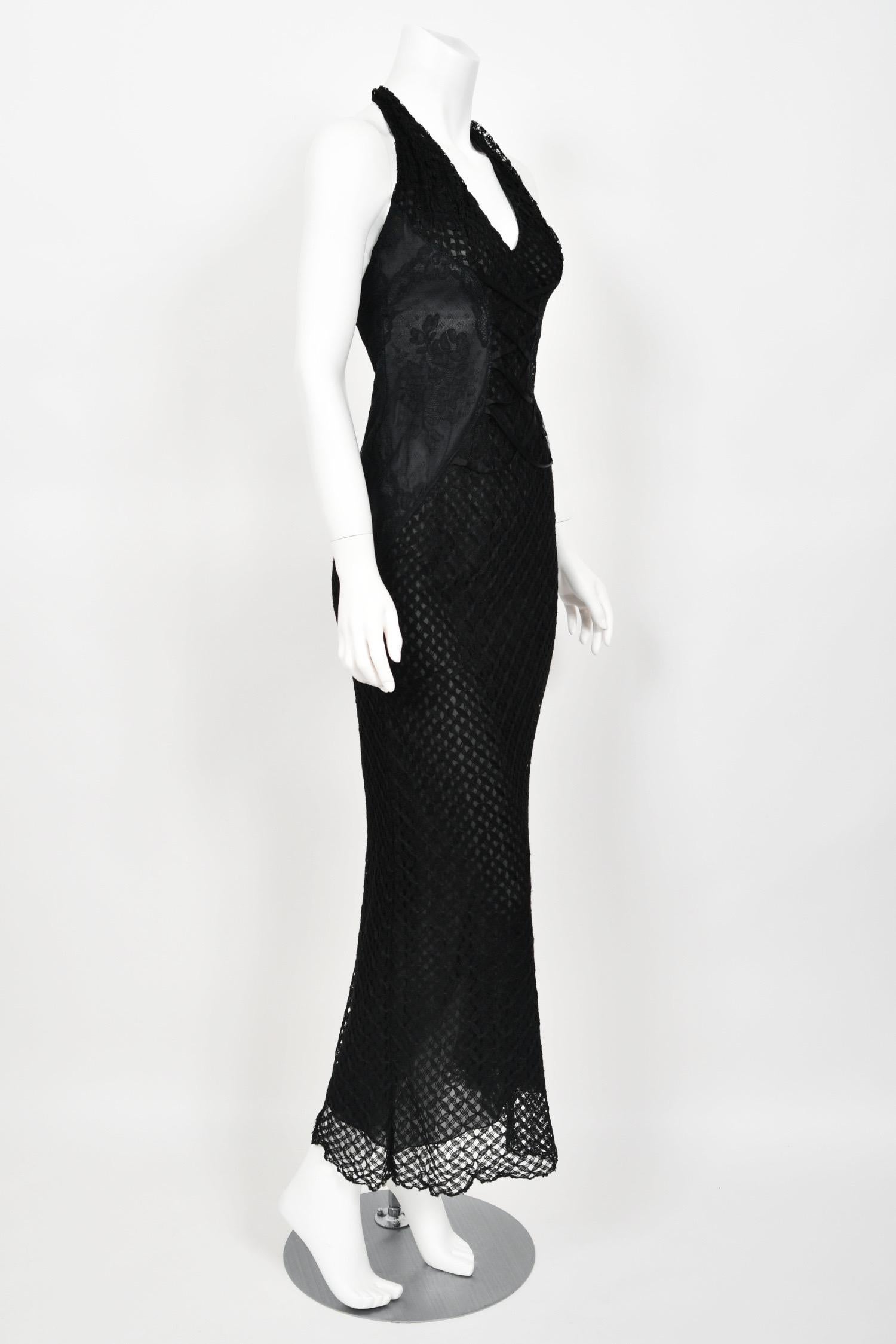 2002 Versace Couture Black Semi-Sheer Lace & Silk Fishnet Halter Hourglass Gown For Sale 9