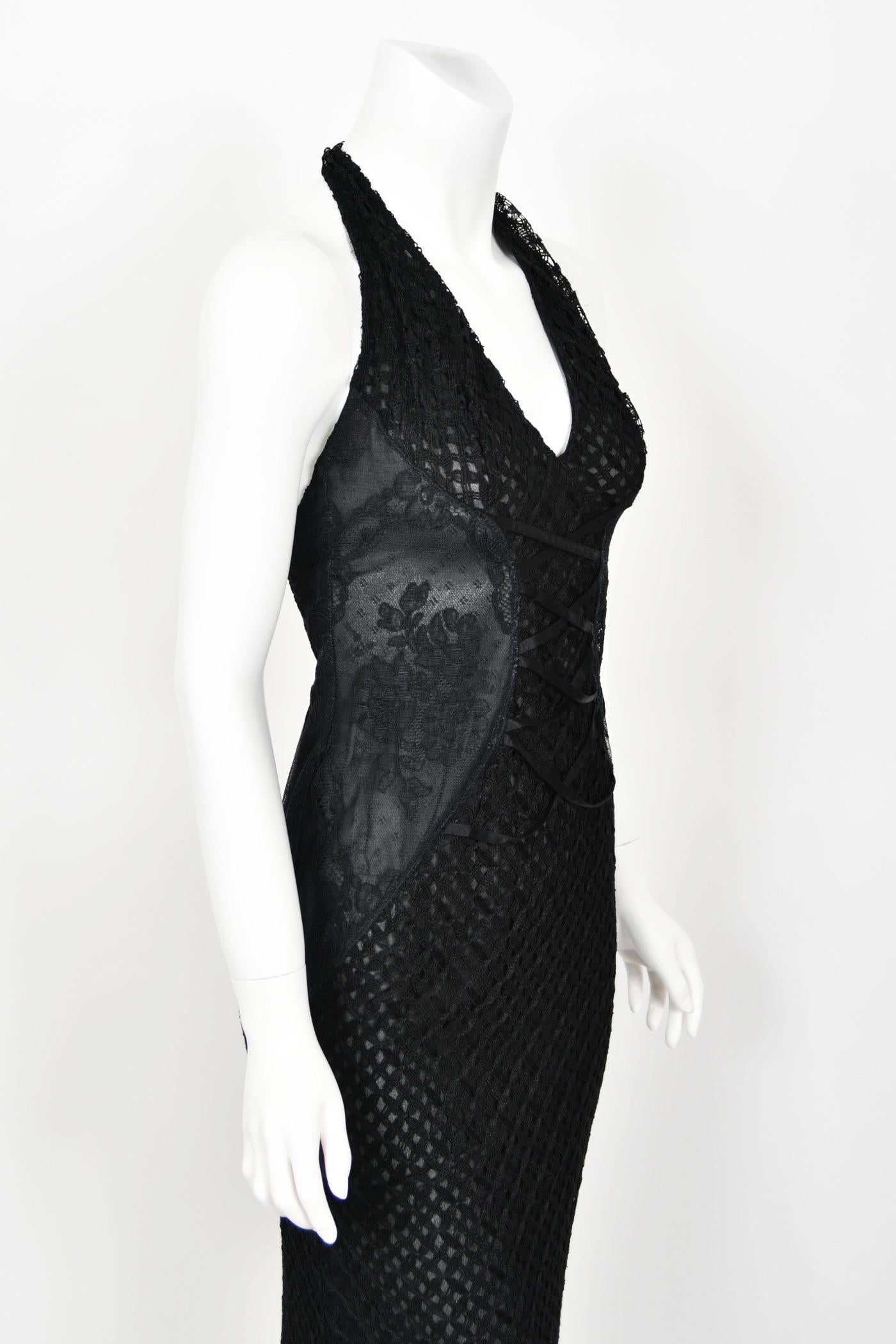 2002 Versace Couture Black Semi-Sheer Lace & Silk Fishnet Halter Hourglass Gown For Sale 10