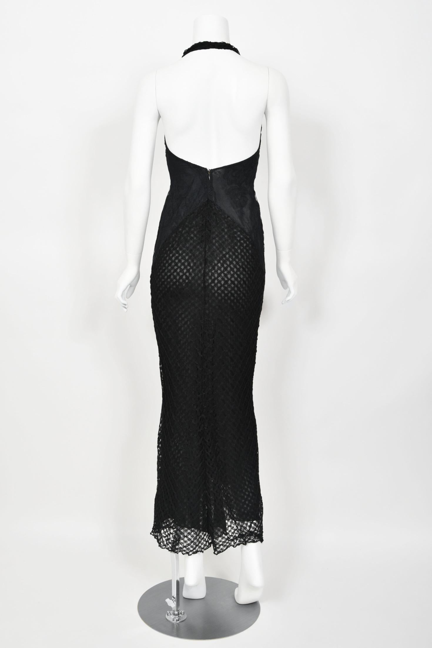 2002 Versace Couture Black Semi-Sheer Lace & Silk Fishnet Halter Hourglass Gown For Sale 11