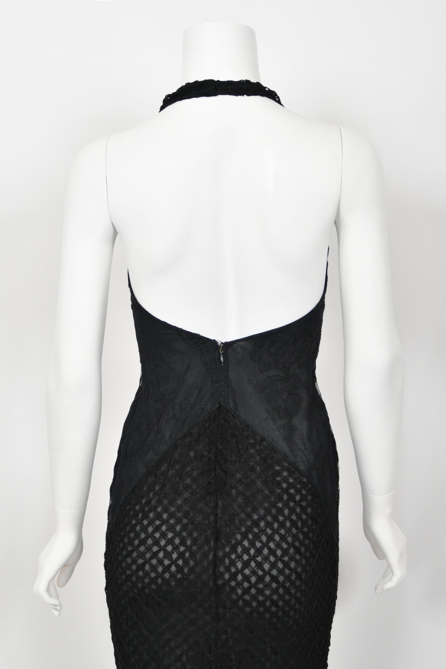 2002 Versace Couture Black Semi-Sheer Lace & Silk Fishnet Halter Hourglass Gown For Sale 12