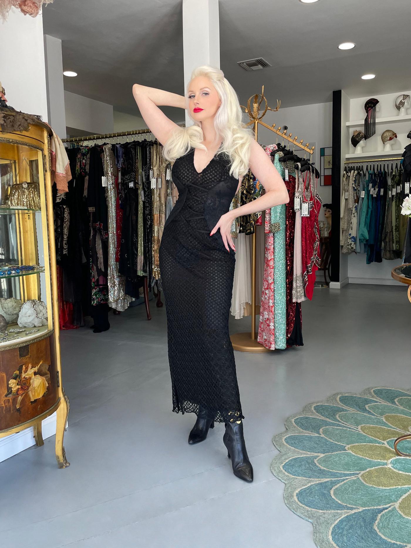 2002 Versace Couture Black Semi-Sheer Lace & Silk Fishnet Halter Hourglass Gown For Sale 13