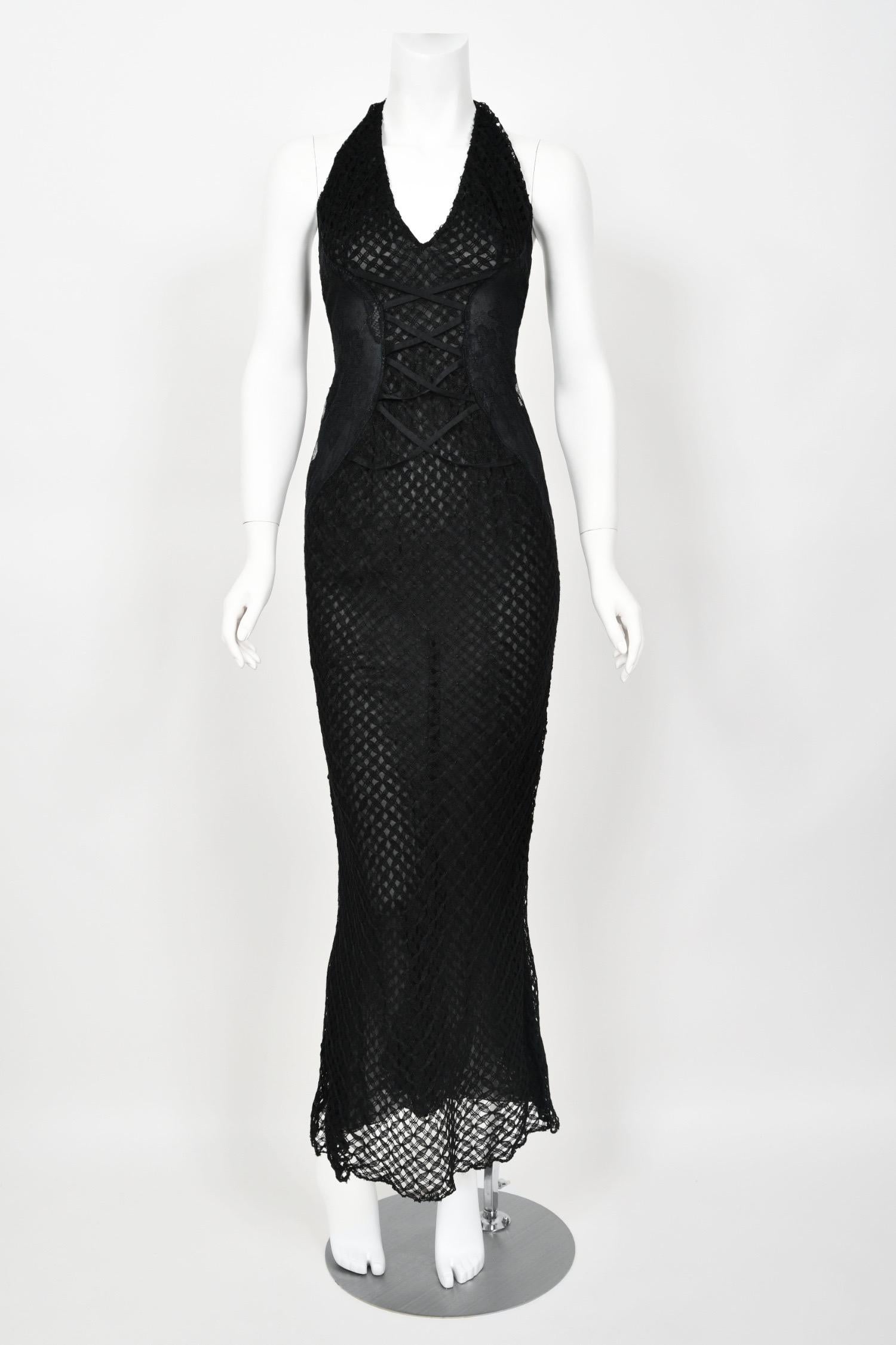 2002 Versace Couture Black Semi-Sheer Lace & Silk Fishnet Halter Hourglass Gown For Sale 3