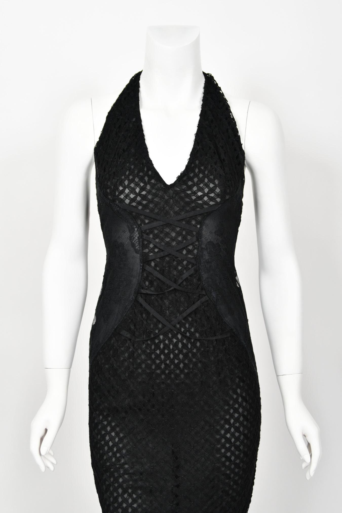 2002 Versace Couture Black Semi-Sheer Lace & Silk Fishnet Halter Hourglass Gown For Sale 4