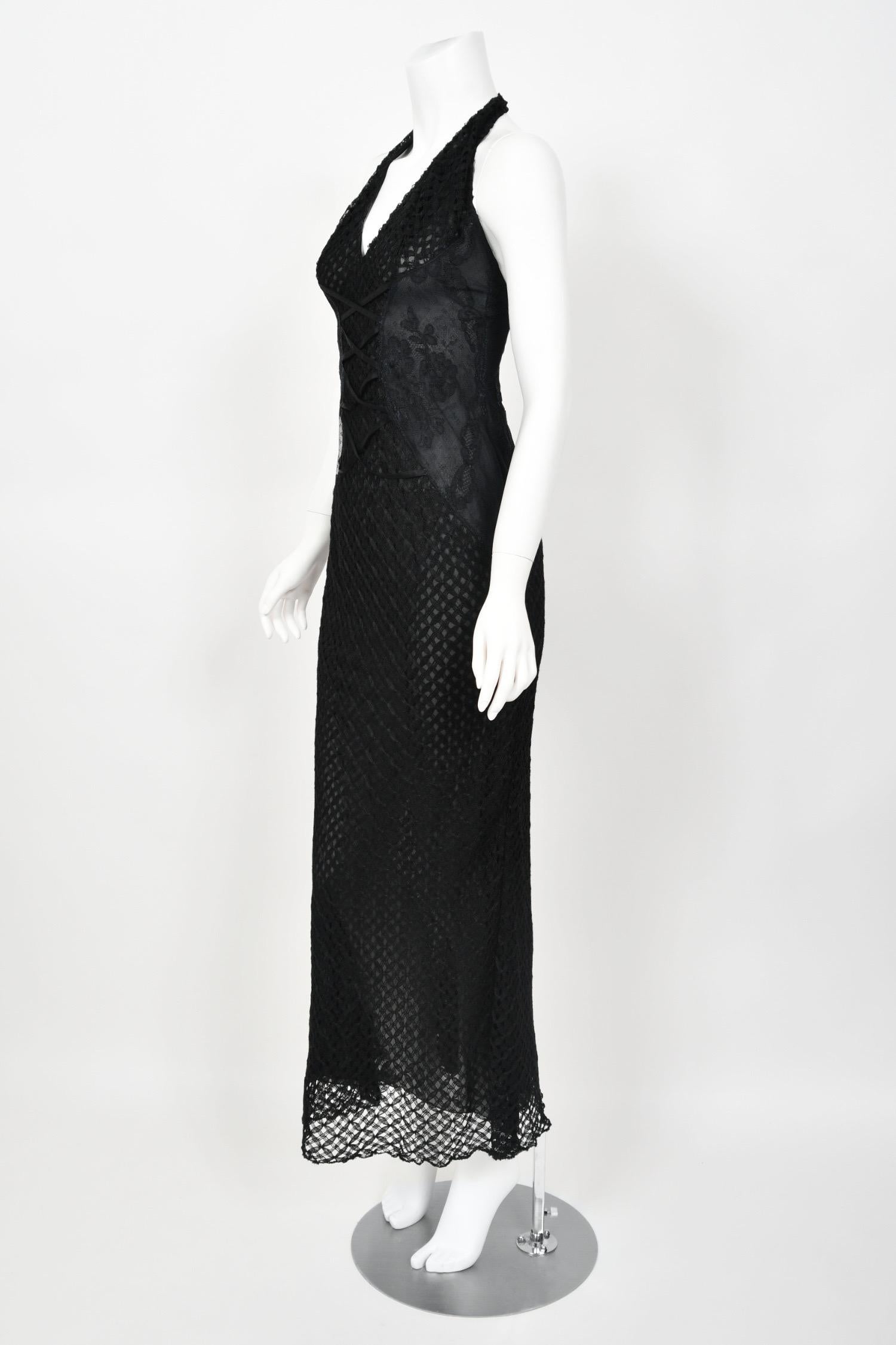 2002 Versace Couture Black Semi-Sheer Lace & Silk Fishnet Halter Hourglass Gown For Sale 5