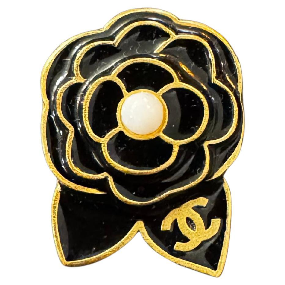 2002 Vintage CHANEL Gold Toned Enameled Camellia Lapel Pin Brooch Black Gold