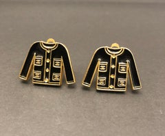 2002 Vintage CHANEL Gold Toned Enameled Jacket Clip-On Earrings Black Gold