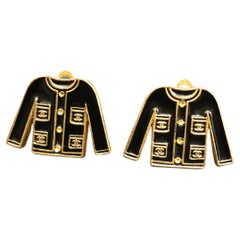 2002 Vintage CHANEL Enameled Jacket Clip-On Earrings Black Gold