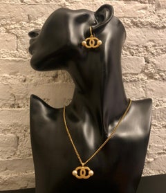 2002 Vintage CHANEL Faux Pearl Gold Toned CC Necklace Earrings Set