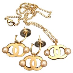2002 Vintage CHANEL Faux Pearl Gold Toned CC Necklace Earrings Set