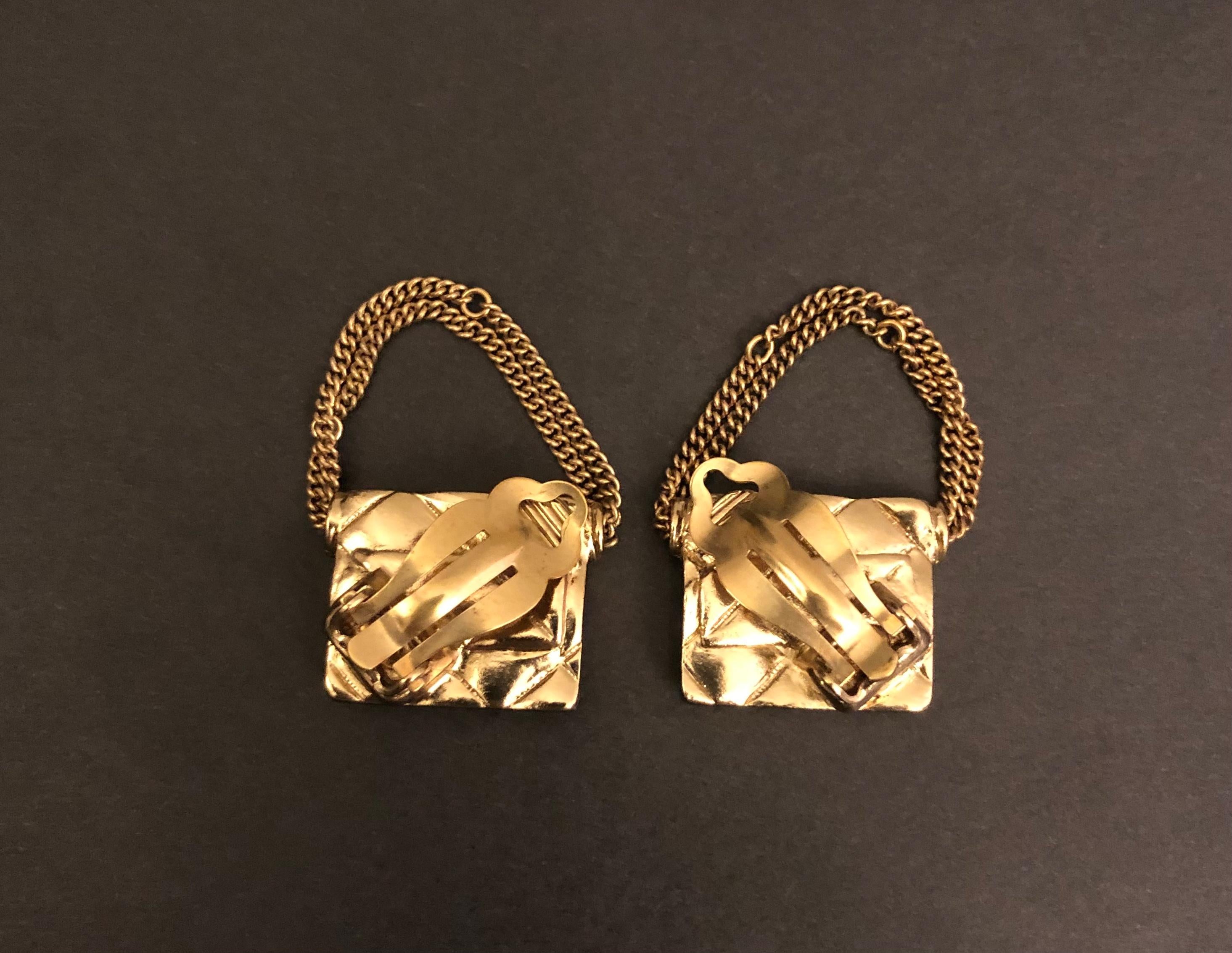 2002 Vintage CHANEL Gold Toned Quilted Flap Bag Clip On Earrings  1