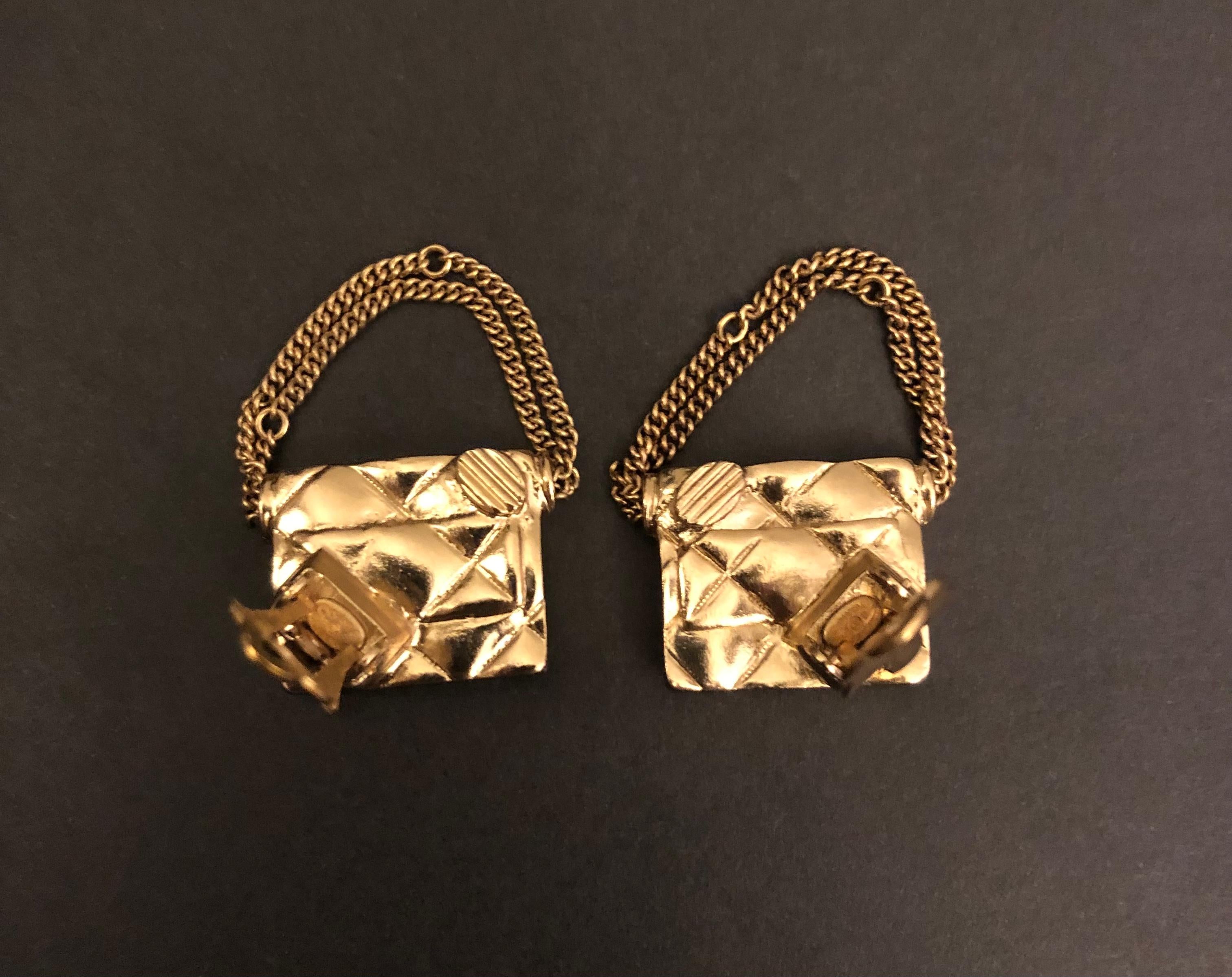 2002 Vintage CHANEL Gold Toned Quilted Flap Bag Clip On Earrings  2