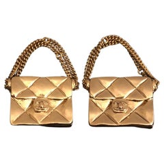 2002 Vintage CHANEL Gold Toned Quilted Flap Bag Clip On Earrings 