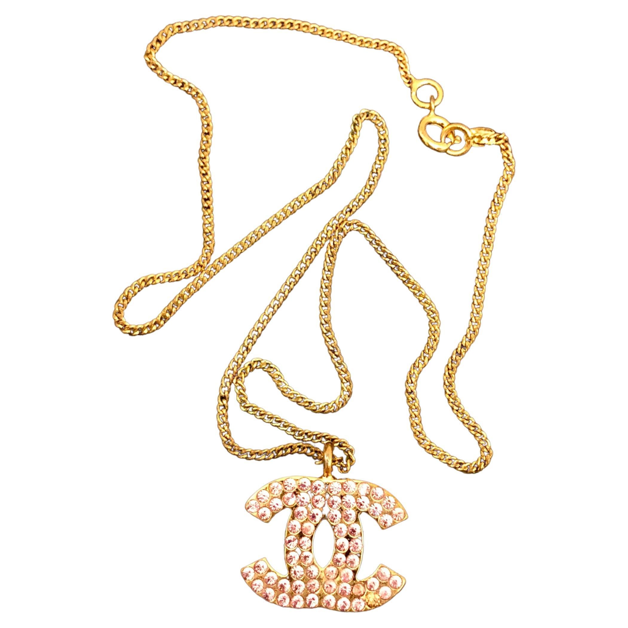 2002 Vintage CHANEL Gold Toned Rhinestone CC Charm Chain Necklace For Sale at 1stDibs vintage