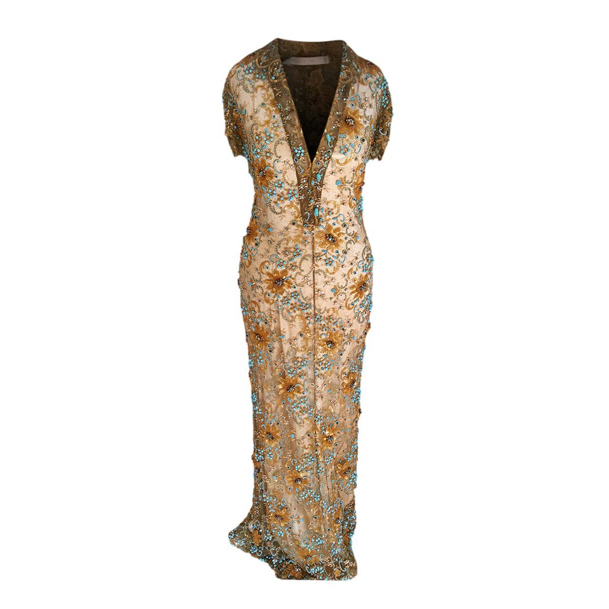 Women's 2002 Vintage Valentino Embellished Gold Lace Gown