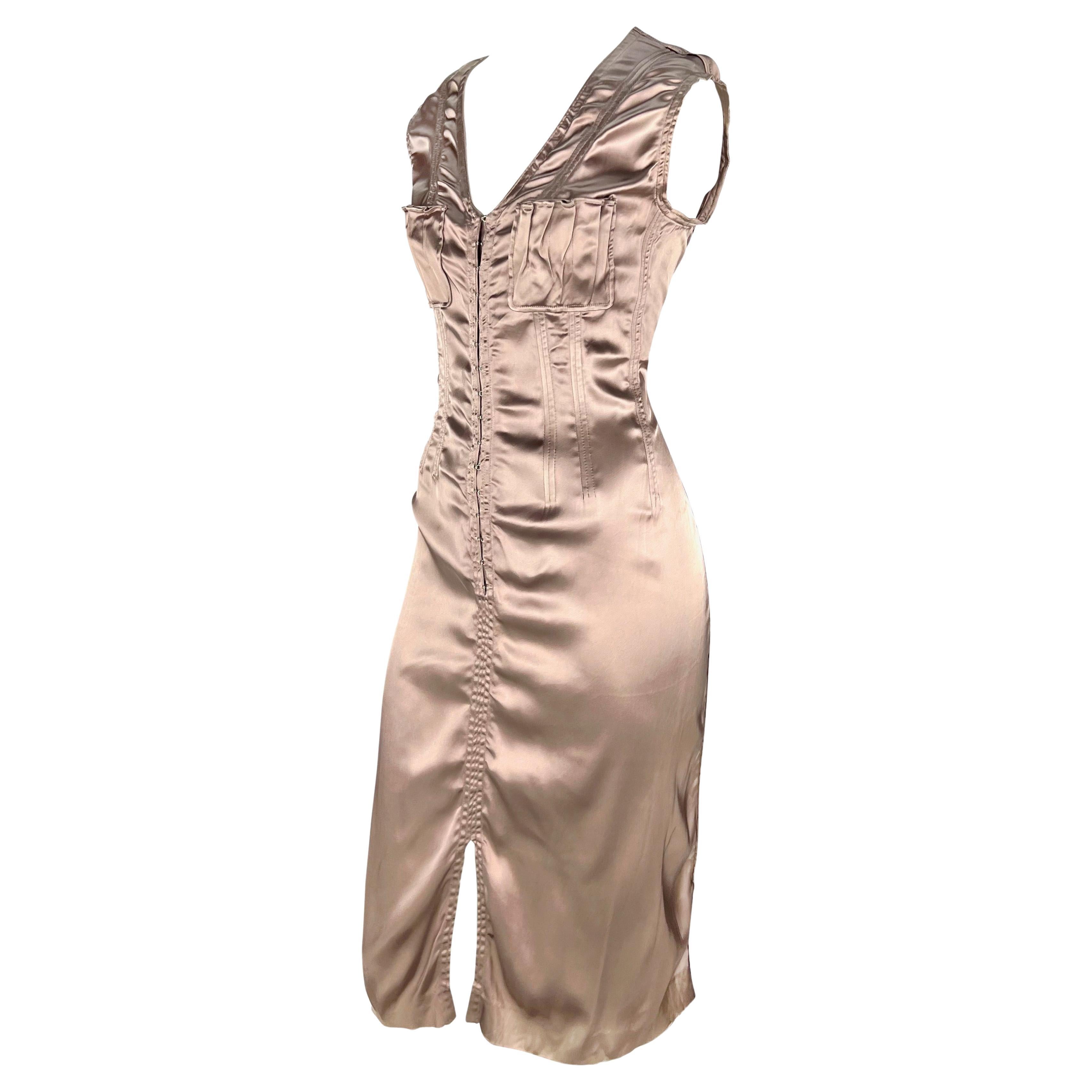 2002 Yves Saint Laurent by Tom Ford Sleeveless Champagne Satin Panel Midi Dress In Excellent Condition For Sale In West Hollywood, CA