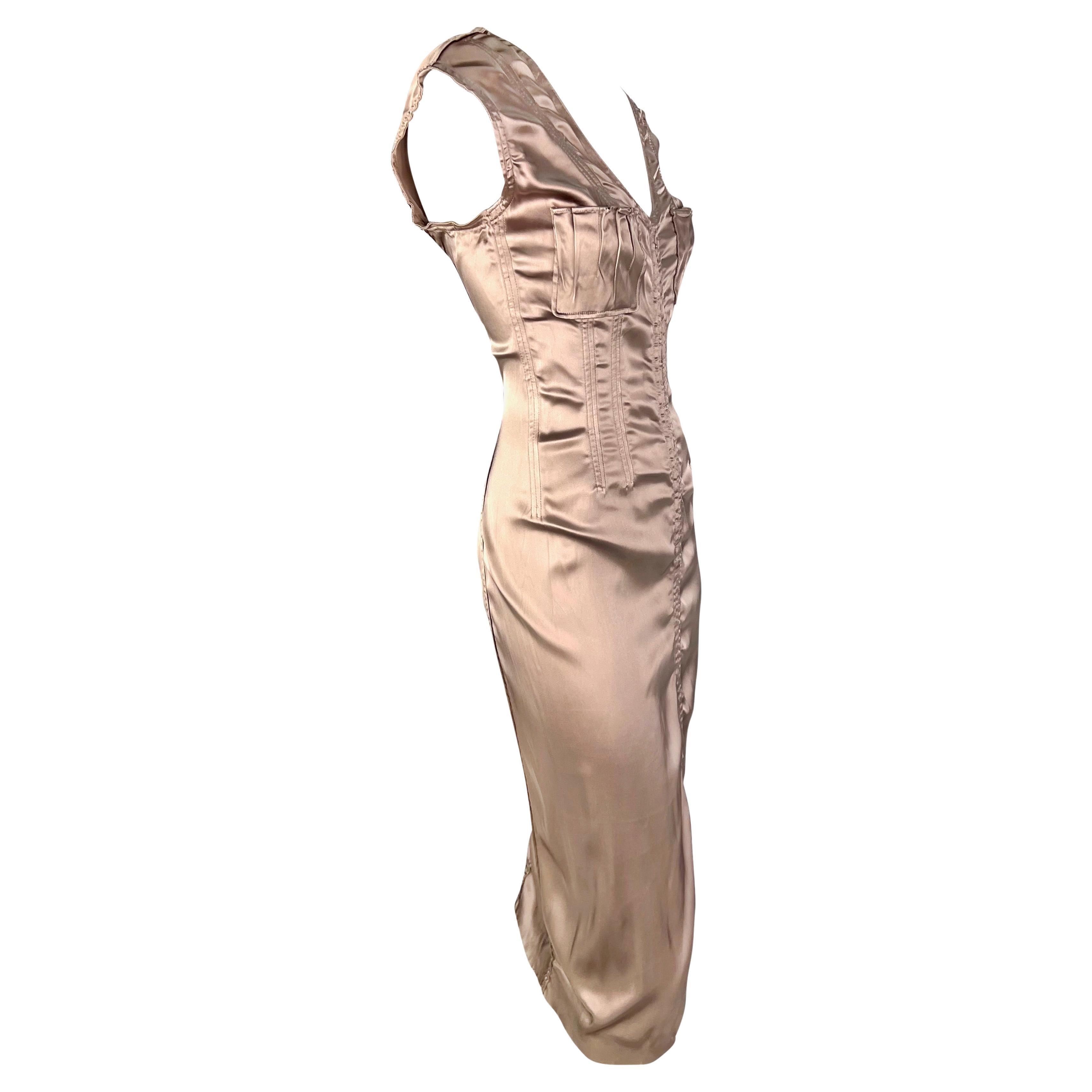 2002 Yves Saint Laurent by Tom Ford Sleeveless Champagne Satin Panel Midi Dress For Sale 2