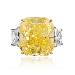 20.02ct Radiant Cut Three Stone Fancy Yellow Diamond Engagement Ring