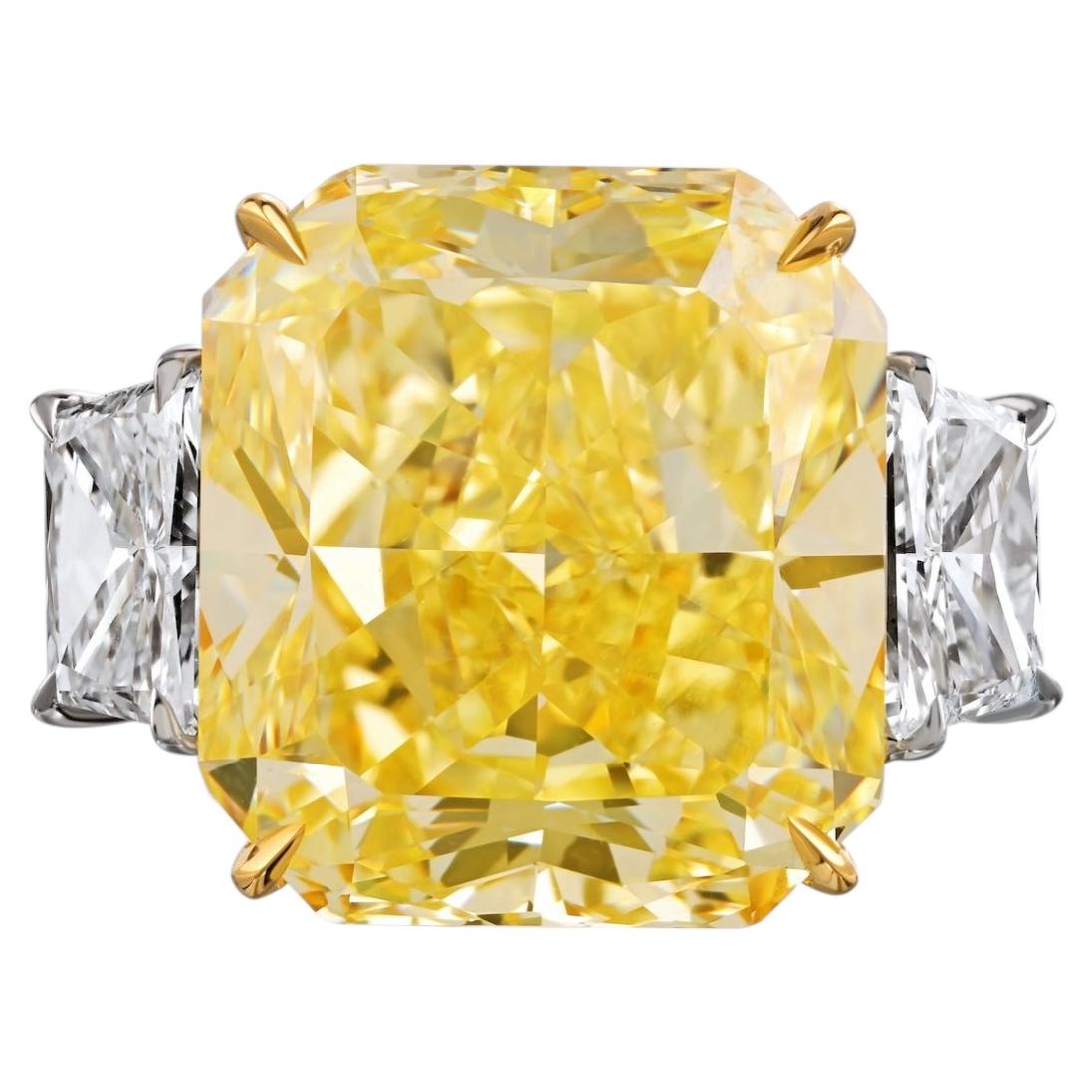 20.02ct Radiant Cut Three Stone Fancy Yellow Diamond Engagement Ring For Sale