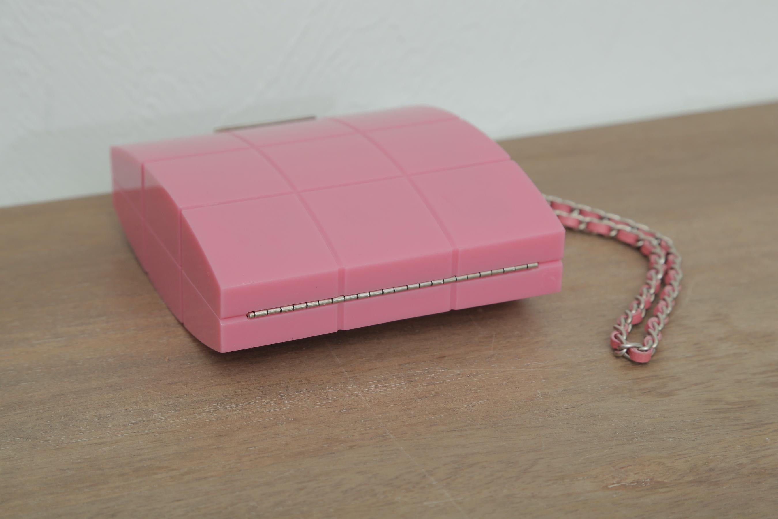 2002s Rare Chanel Perspex Lucite Minaudiere Pink Plastic Clutch For Sale 3
