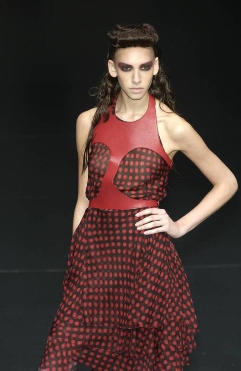 2003 ALEXANDER MCQUEEN black tiered RUNWAY gown with red polka dots 1