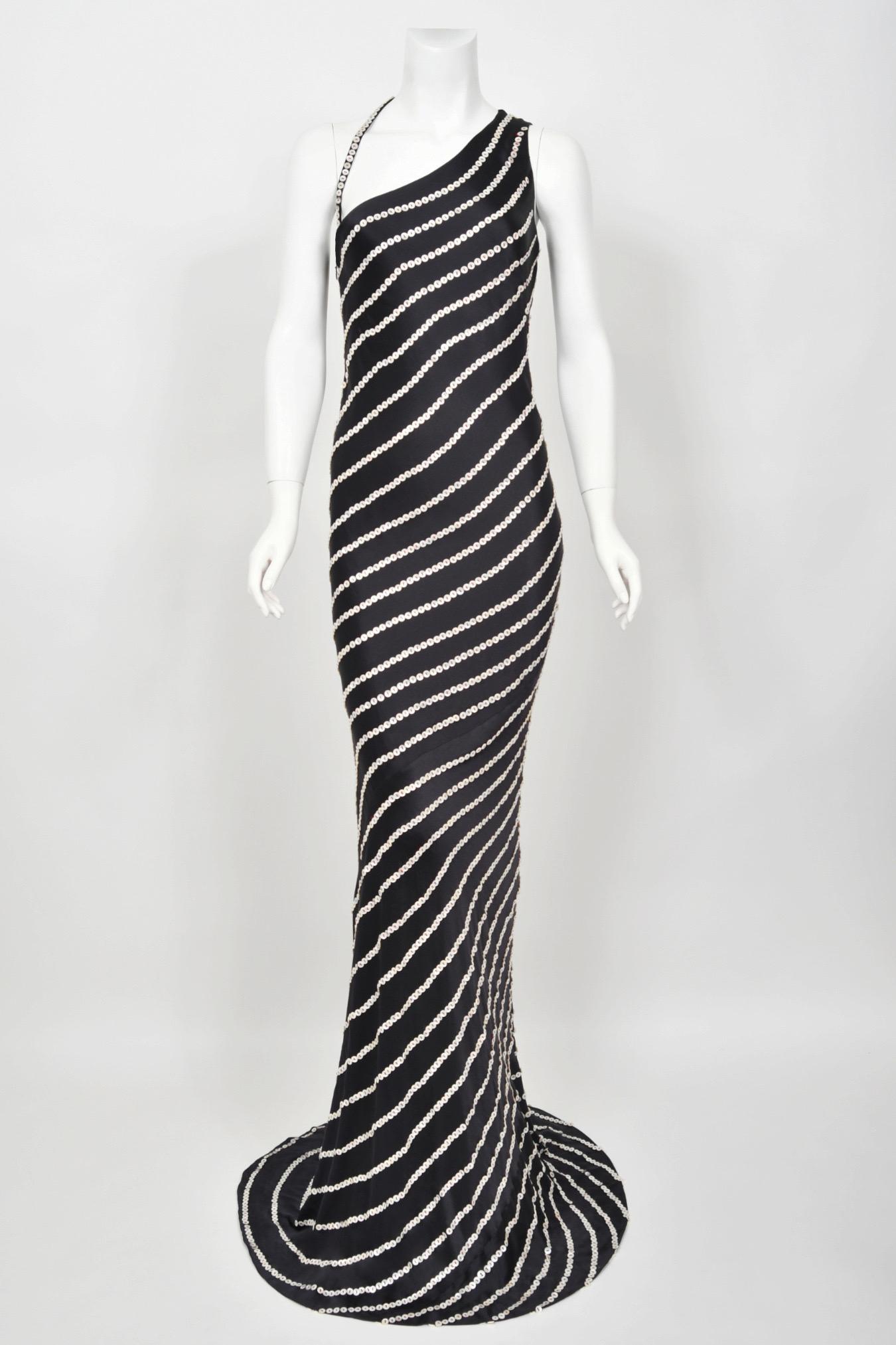 2003 Alexander McQueen Navy Blue Silk Button Embellished Stripes Bias-Cut Gown 11