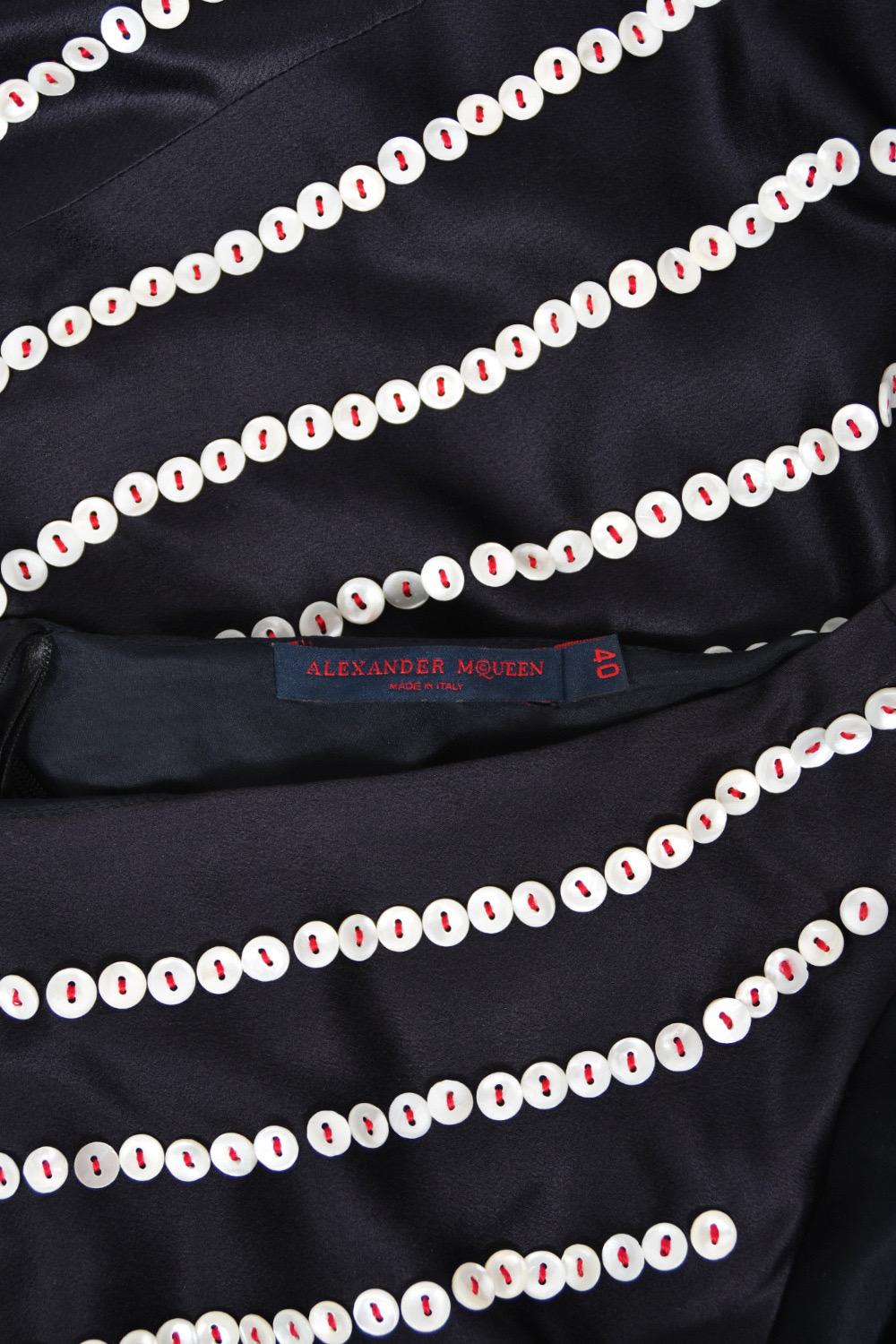 2003 Alexander McQueen Navy Blue Silk Button Embellished Stripes Bias-Cut Gown 16