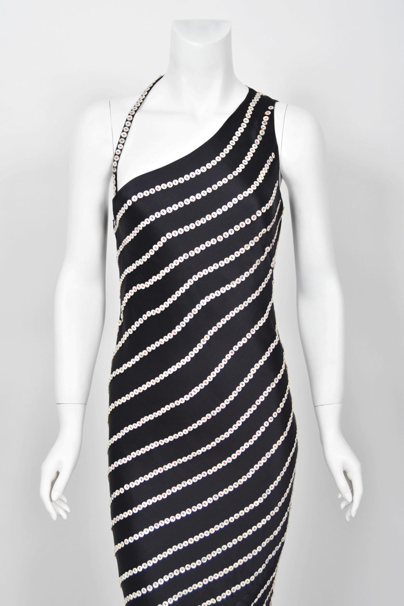 2003 Alexander McQueen Navy Blue Silk Button Embellished Stripes Bias-Cut Gown 3