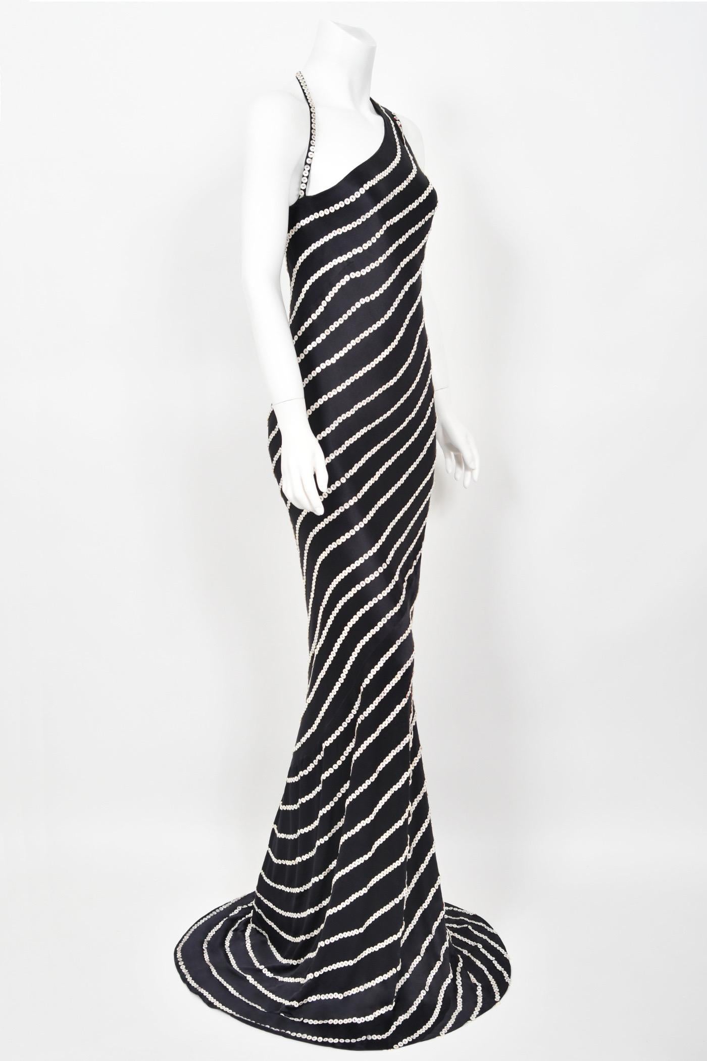 2003 Alexander McQueen Navy Blue Silk Button Embellished Stripes Bias-Cut Gown 4